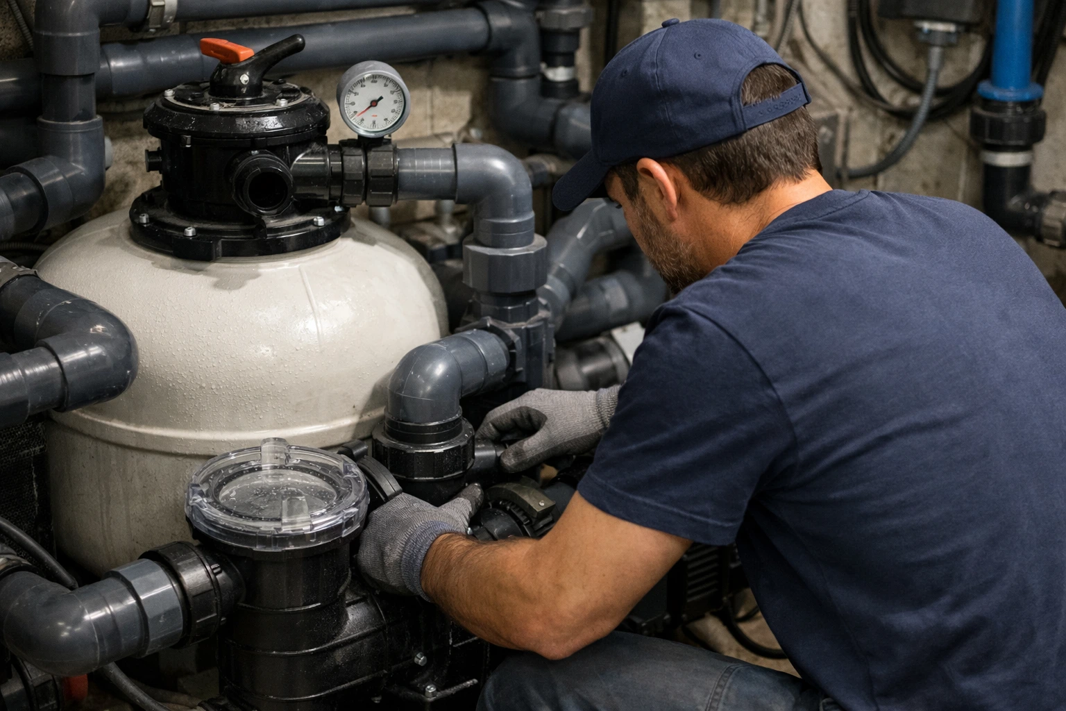 Technicien contrôlant le filtre et les tuyaux du système de filtration d’une piscine.