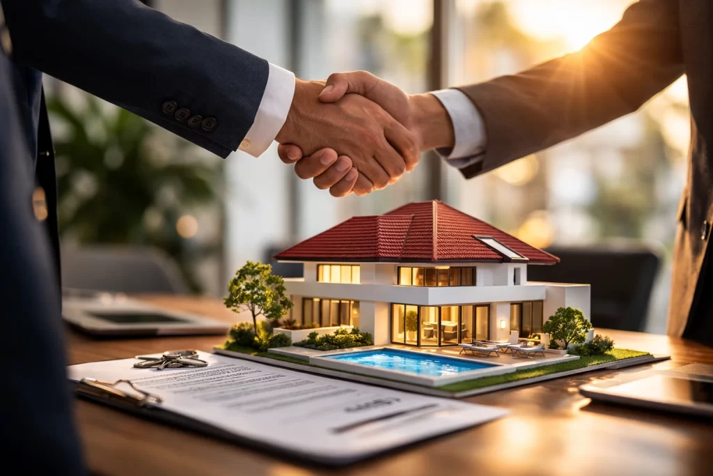 Poignée de main entre deux personnes devant une maquette de maison symbolisant un accord immobilier.