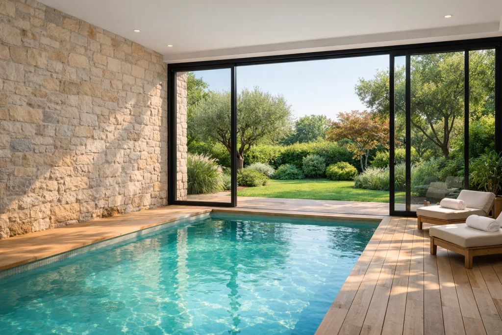 Piscine intérieure moderne avec grande baie vitrée donnant sur un jardin.