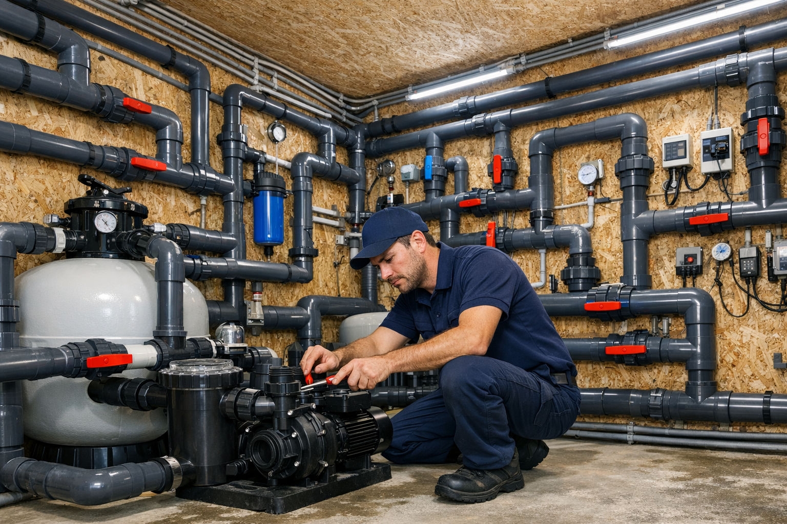 Technicien effectuant la maintenance du système de pompage et de filtration d’une piscine.