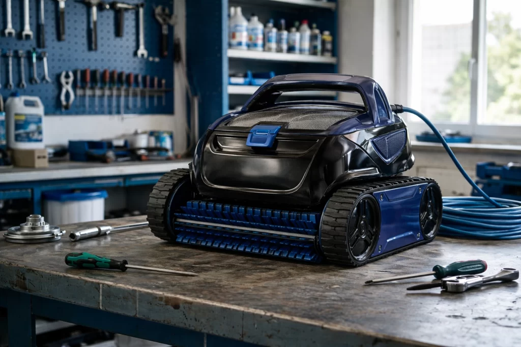 Robot automatique de nettoyage de piscine posé sur un établi dans un atelier.