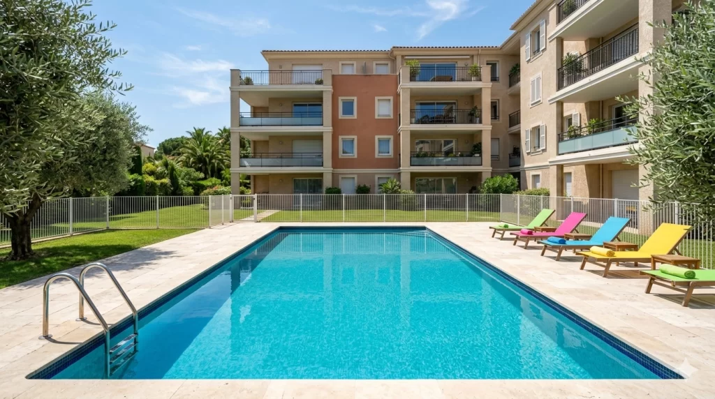 Piscine extérieure d’une résidence avec transats et immeuble en arrière-plan.