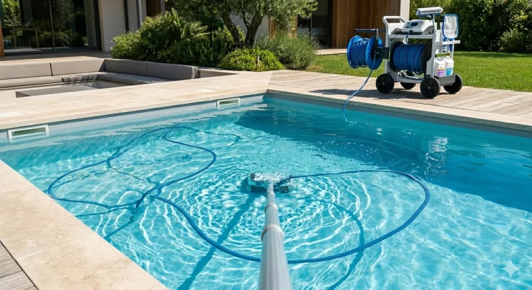 Robot et système automatique de nettoyage d’une piscine avec tuyaux dans l’eau.