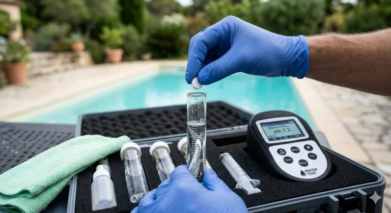 Test du pH et analyse de l’eau d’une piscine avec un kit de mesure.