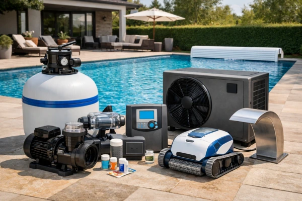 Équipements de piscine comprenant pompe, filtre, robot nettoyeur et système de traitement de l’eau.